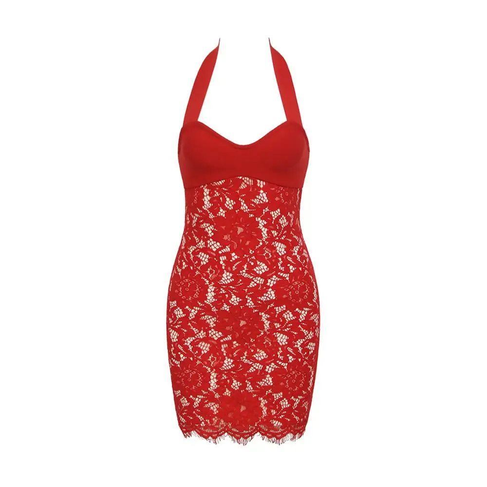 Женское облегающее платье с лямкой на шее черное или красное вечернее кружевом