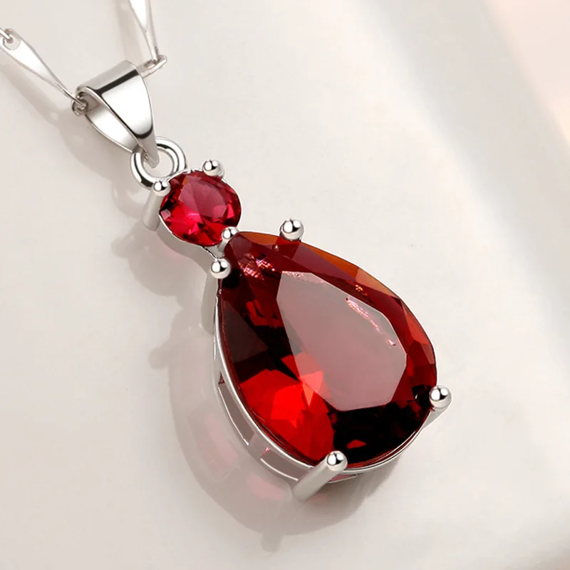 

KOFSAC Fashion Women 925 Sterling Silver Necklace Crystal Red White Blue Water Droplets Pendant Necklaces Valentine's Day Gift