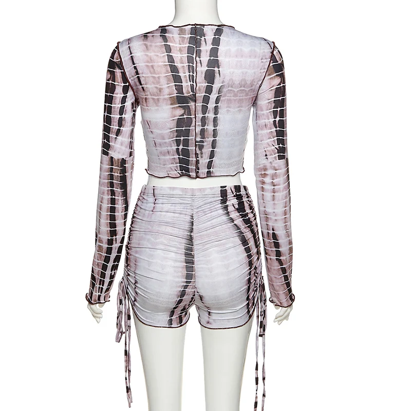 

DIRTYLILY Vintage Tie Dye Print Two piece Set Women Long Sleeve Crop Top+Drawstring Mini Dress Fashion Slim Outfits Streetwear