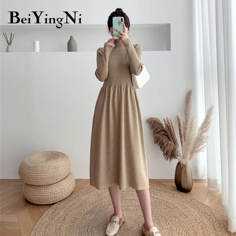 

Beiyingni New Fashion Luxury Women's Sweater Dress Knitwear Long Sleeve Basic Half High Neck Elegant A-line Dress for Women Fall