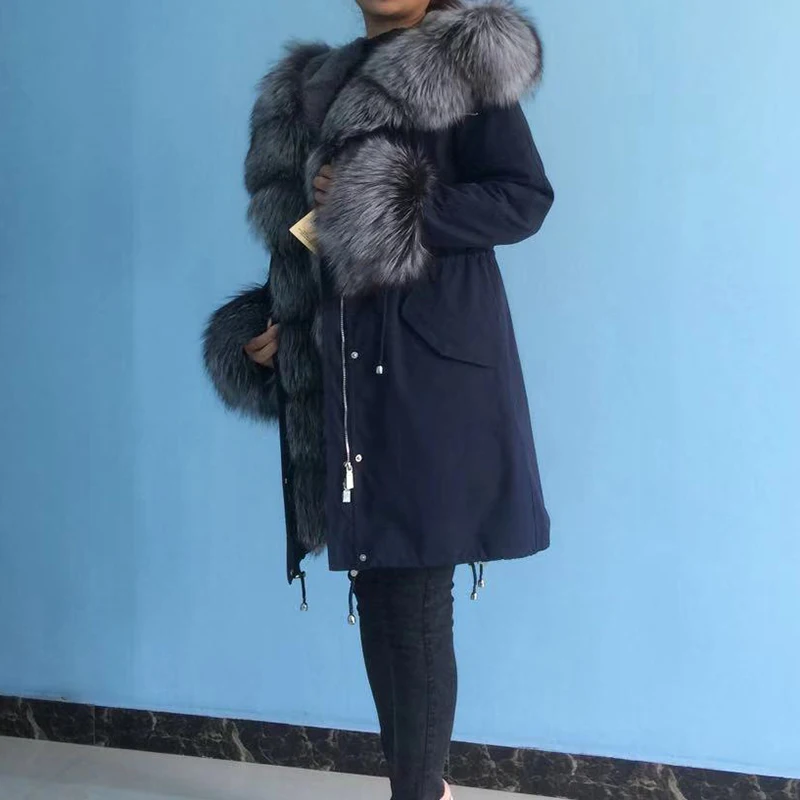 Женские зимние длинные парки куртка Лисий мех воротник съемный кролик подкладка