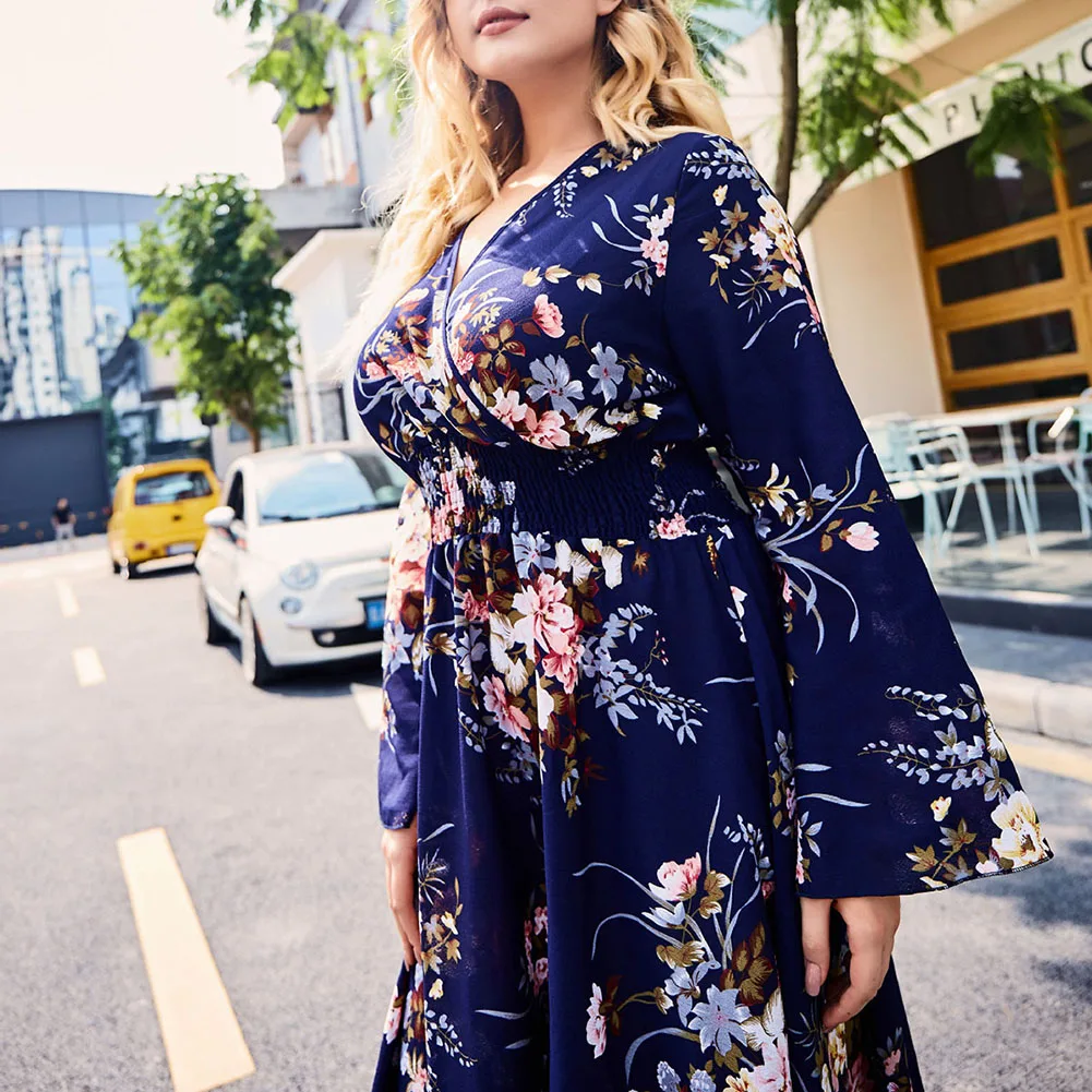 Женское платье макси с принтом FADZECO сексуальное большого размера плюс v образным