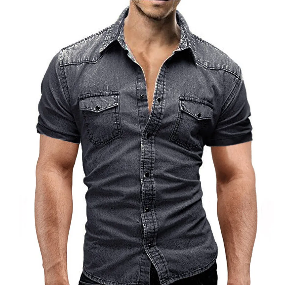 Camisas Masculina Men's Casual Slim Fit Button Shirt With Pocket Short Sleeve Tops Blouse Fashion Men Denim | Мужская одежда