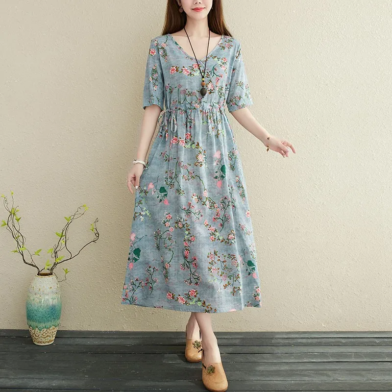 

Women Cotton Linen Casual Dress New Arrival 2021 Summer Vintage Style V-neck Floral Print Loose Ladies A-line Long Dresses