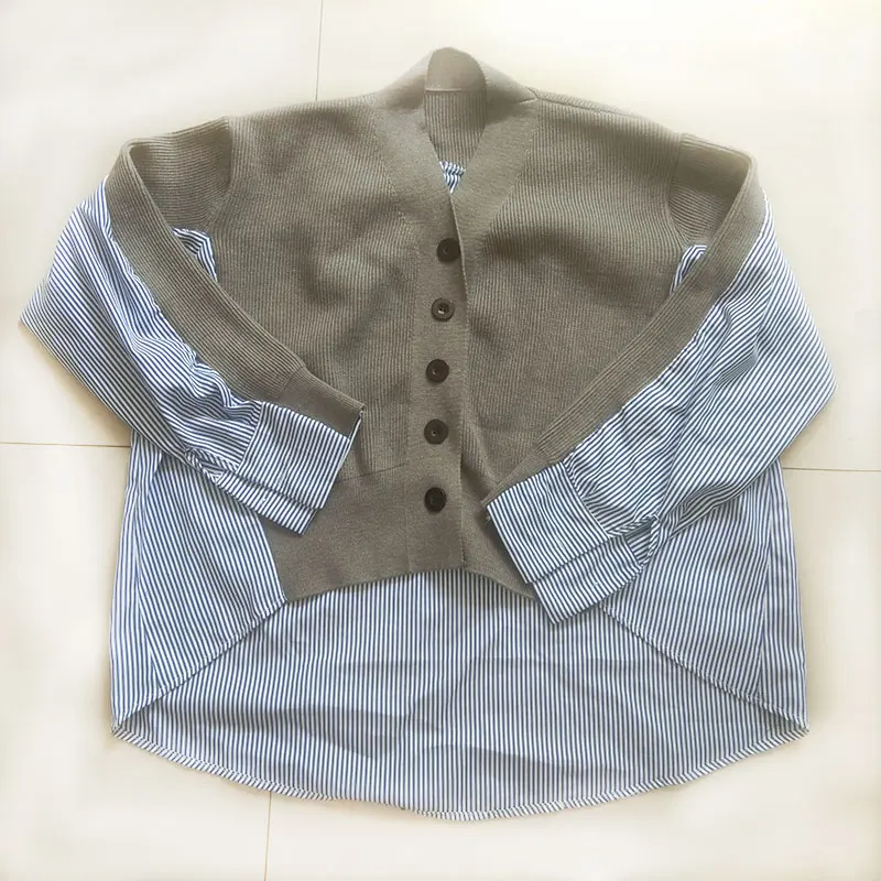 

2020 Autumn Knitting Stripe Blouse Patchwork Sweater Button Cardigan Laine Lovely Jumper V Neck Black Sweaters Casual Women Tops