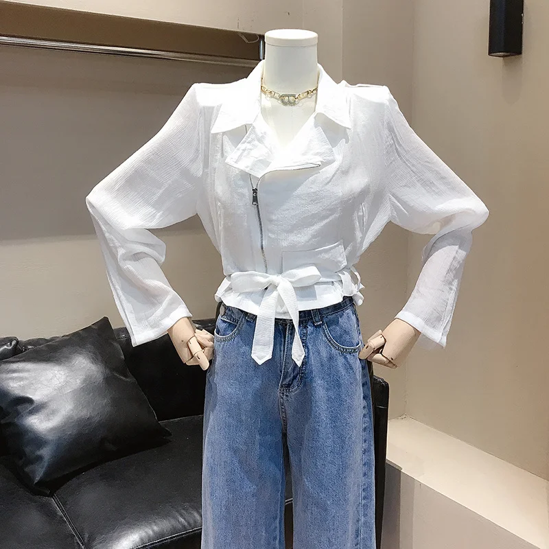 

Korejepo Women Coat 2021 Early Autumn New Korean Version Chic Fashion Shirt Short Belt Waist Thin Long Sleeve Jacket Coat Female
