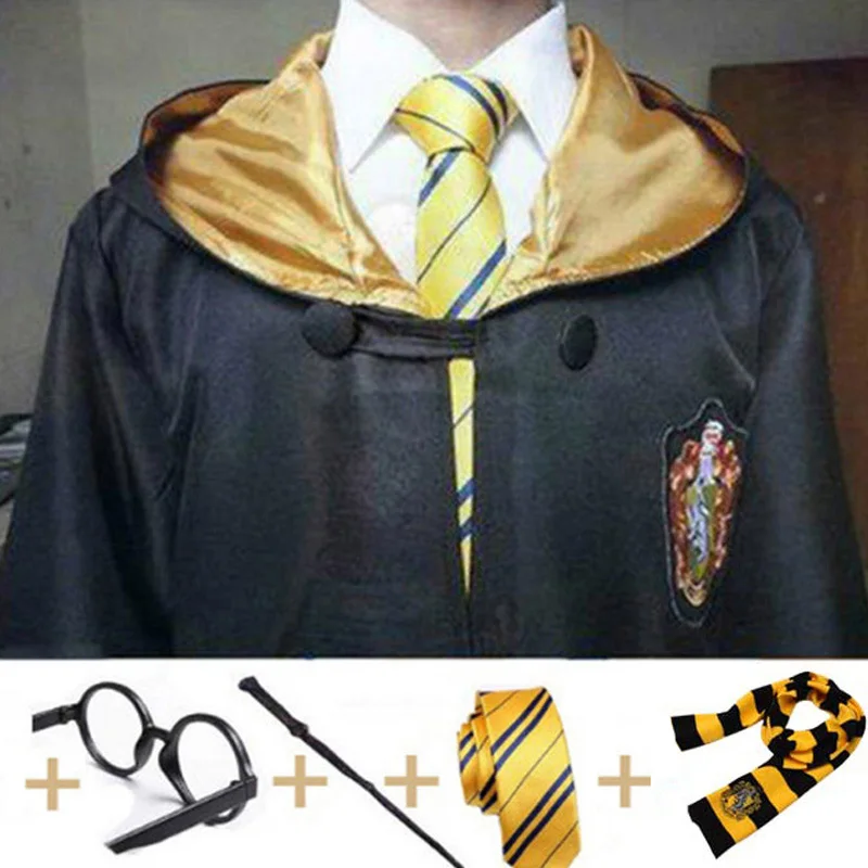 Hufflepuff 5pcs set Костюм из Поттера, одежда, галстук, шарф, палочка, очки, шляпа Ravenclaw Gryffindor Hufflepuff Slytherin Potter, косплей, халат, плащ E2103AD - Цвет: Hufflepuff 5pcs set
