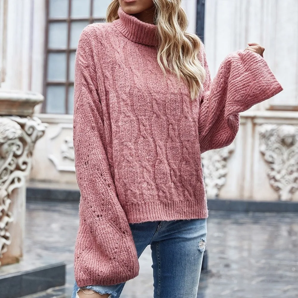 

Turtleneck Women's Sweater 2020 Autumn Winter New HighCollar Wool European Solid Color Trumpet Sleeves Acrylic Casual Pullovers