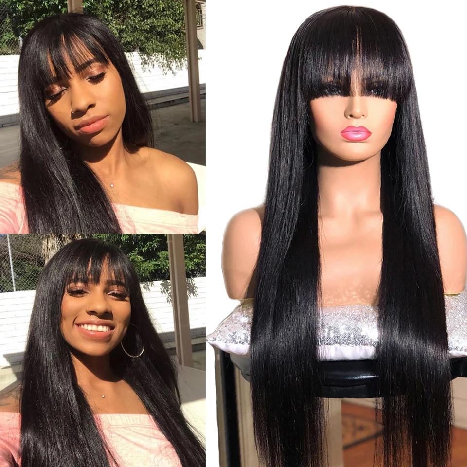 

Straight Human Hair Wig With Bangs Peruvian Cheap Remy Glueless Wigs For Black Women Full Machine Made Wig Alipanda Hair