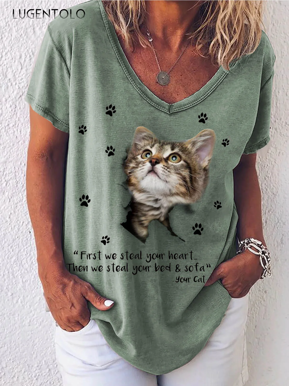 

Lugentolo Loose T-shirs Women Short Sleeve Tops Spring Summer Female Cartoon Printed Round Neck Casual T-shirts