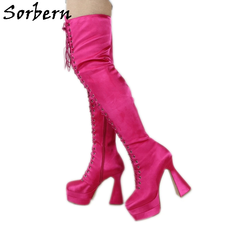 

Sorbern Retro Satin Boots Women Long Royal Style Square Toes Platform Fetish Boot Mid Thigh High Display Shows Custom Colors