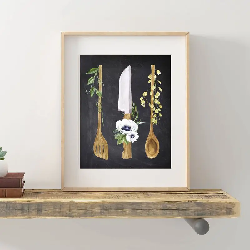 Кухонная меловая вывеска постер печать акварельная посуда Деревенская кухня