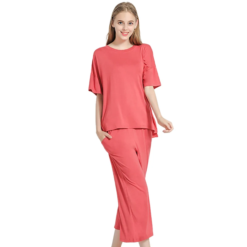 

Пижама женская однотонная свободного покроя, элегантный комплект из 2 предметов, модал, круглый вырез, большие размеры, мягкая повседневная ...