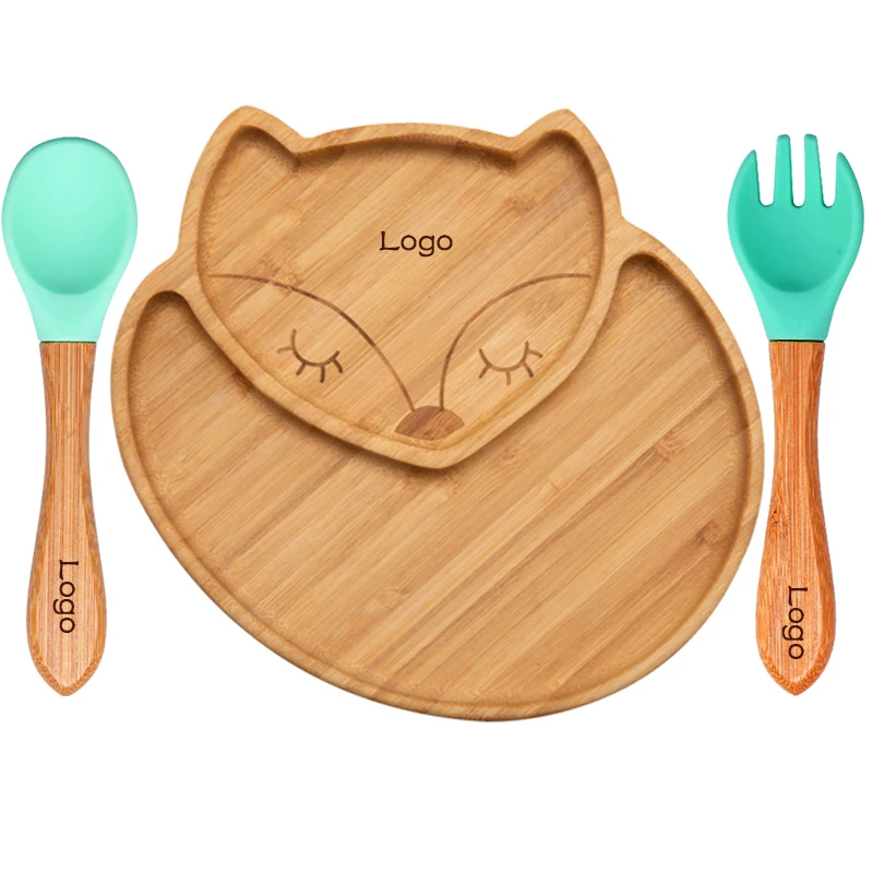 

Custom Baby Feeding Food Plates FOX Natural Bamboo Suction Bowl Silicone Spoon Set Tableware Fits Highchair Children's Dinner