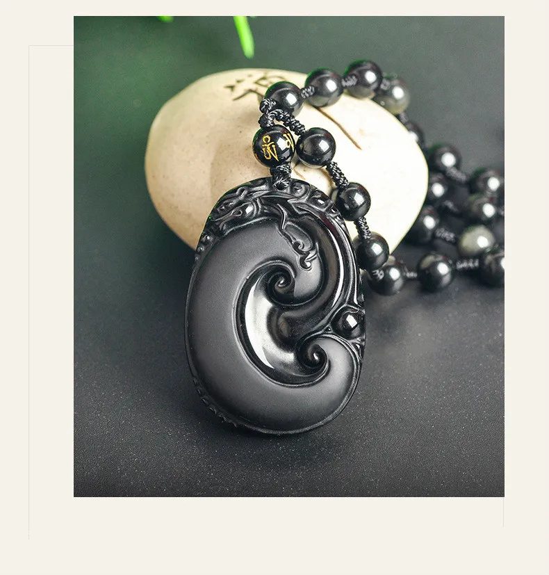 Ожерелье из натурального черного обсидиана с бусинами ручная работа Подвеска