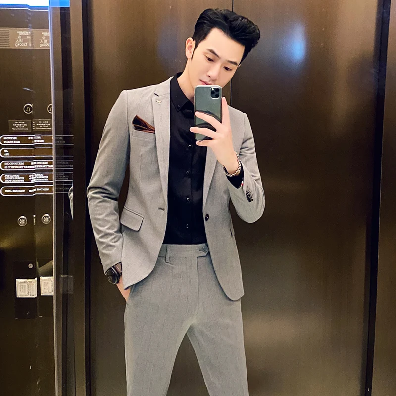 Men's business Suit korean slim Blazers Trousers stripe One Button New dress Asian size high quality man wedding suit | Мужская