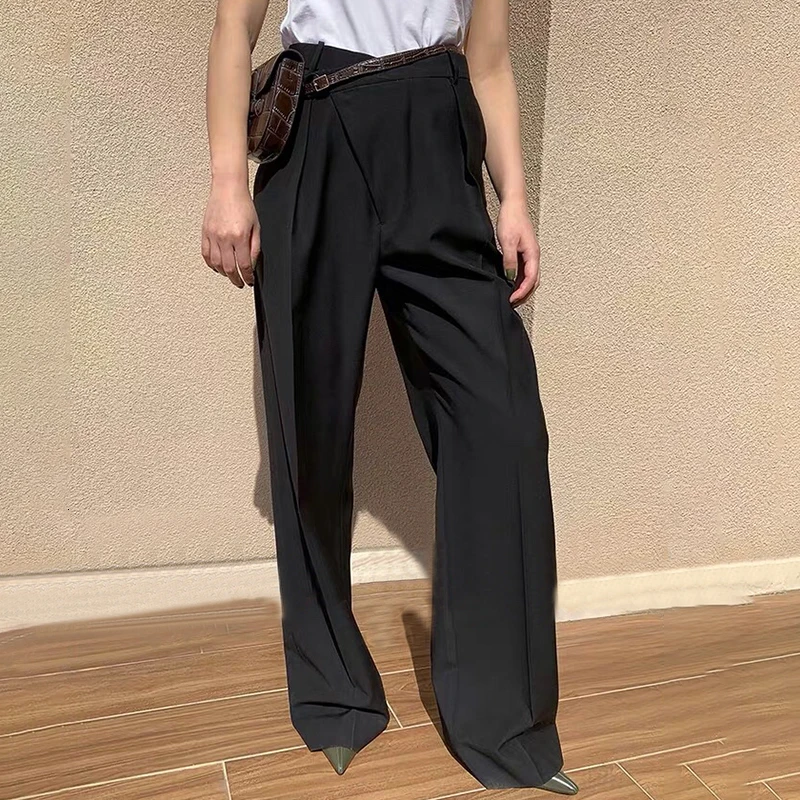 VGH Elegant Solid High Waist Women Pants Button Pleated Slim Straight Long Trousers Female Fashion Summer Korean New