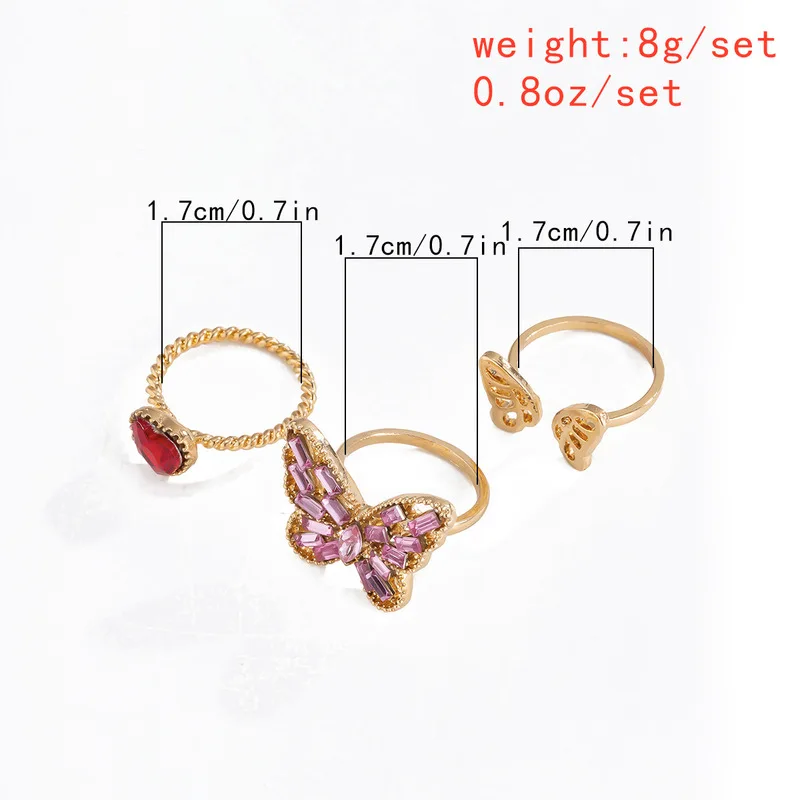 

AE-CANFLY 3pcs/set Fashion Inlaid Crystal Butterfly Love Heart Hollow Ring Woman Simple Romantic Girl Wedding Party Jewelry Gift