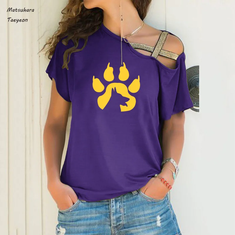

plus size 5xl Paw Prints Dog tshirt women 2020 summer Causal Short Sleeve tee shirt femme Irregular Skew Cross Bandage tee tops
