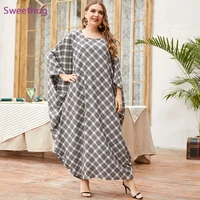 batwing sleeve abaya dress for women grey plus size plaid print maxi dresses dubai arabic muslim eid ramadan robe 2021