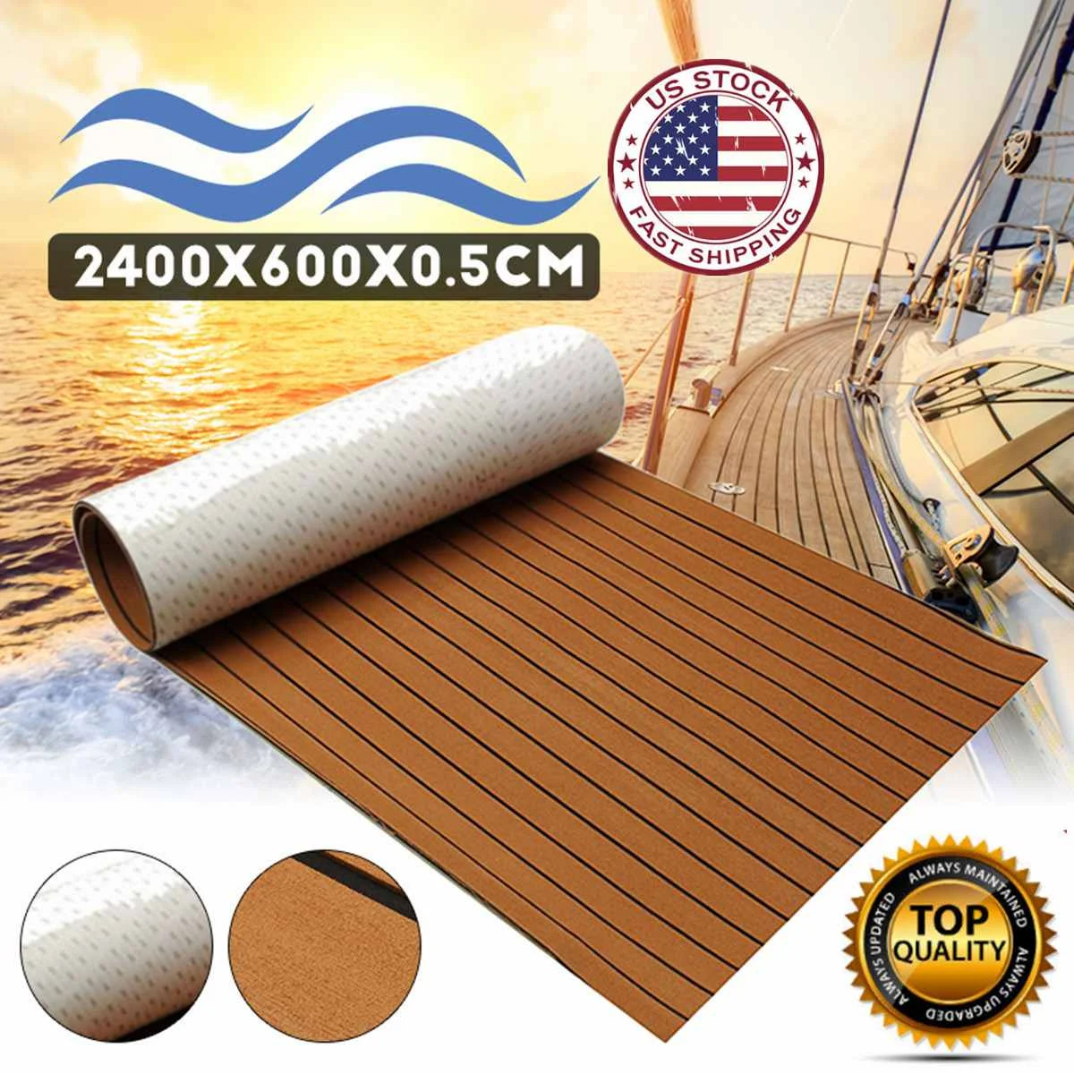 600x2400x5mm Self-Adhesive Boat Decking Sheet EVA Foam Faux Teak Decking Marine Flooring Sheet Brown Sheet with Black Stripes