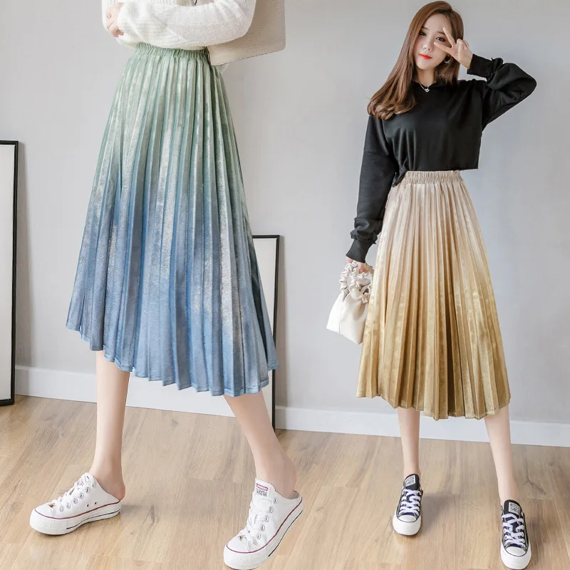 Золотистая бархатная плиссированная юбка градиентного цвета металлическая