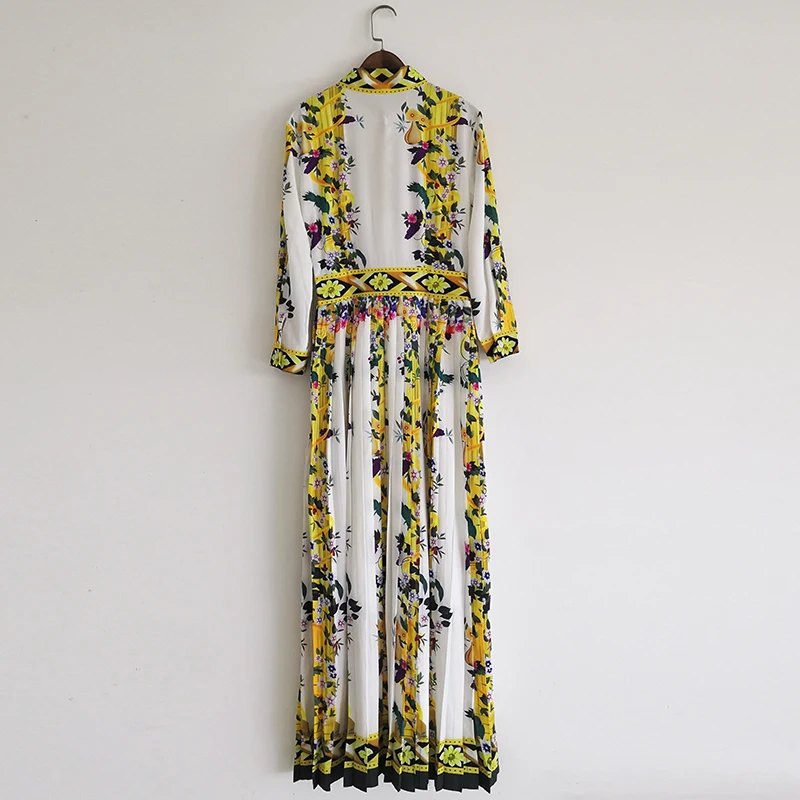 Long 2021 Spring Maxi Women Runway Fashion Bow Collar Yellow Flower Print Pleated Elegant Party Dress