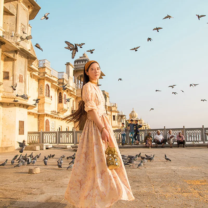 2020 Spring Autumn Women Vintage Floral Blue/Yellow Long Ladies Victorian Retro Court V-Neck Formal Casual Maxi Dress Robe | Женская