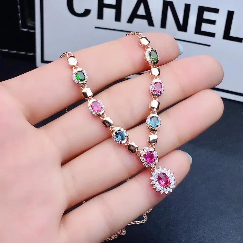 

Luxury House Sun flower Natural Multicolor tourmaline Pendant necklace S925 silver Natural gemstone necklace girl gift jewelery