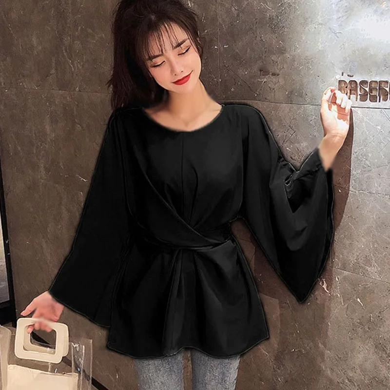 

Elegant Waistband Bow Blouse Women Trumpet Sleeves Long Sleeve Blusas Female Cozy Slim Shirts Soft Temperament Femme Ropa Mujer