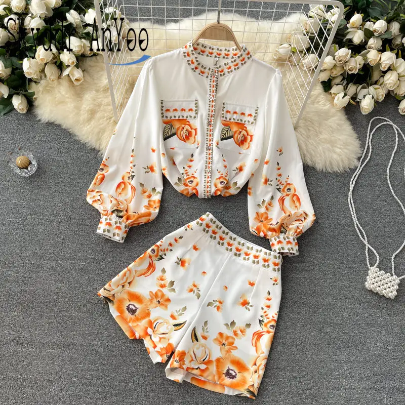 

2021 Summer Women Two Picee Set Puff Long Sleeve Shirt Tops And Shorts Chic Woman Suits Women's Clothing