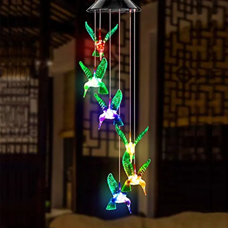 Romantic LED Solar Wind Chimes Night Light Hummingbird Solar Light Hanging Pendant Lamp Waterproof Home Garden Decoration