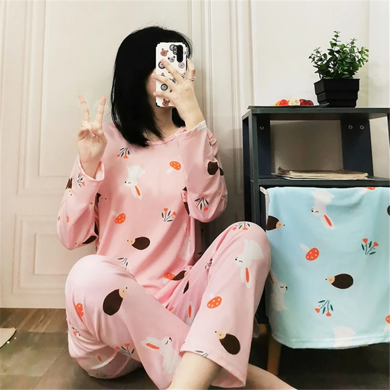 

Comfortable plus size pajamas women's round neck cartoon long-sleeved trousers home service suit breathable pajamas JJF0230