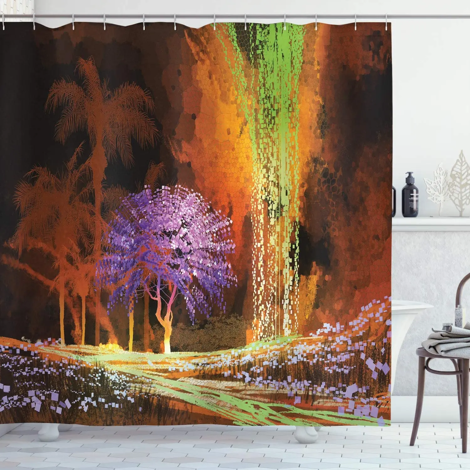 

Fantasy Art House Decor Shower Curtain Digitally Saturated Tropical Scene in Extreme Haze Tones Exotic Artwork