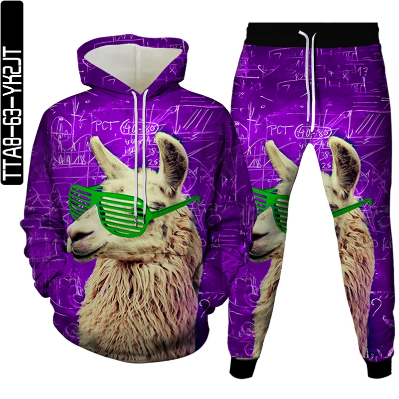 

3D printing alpaca spring and autumn new men's hoodie + sports pants two-piece casual men's hoodie fashion brand 3D suit
