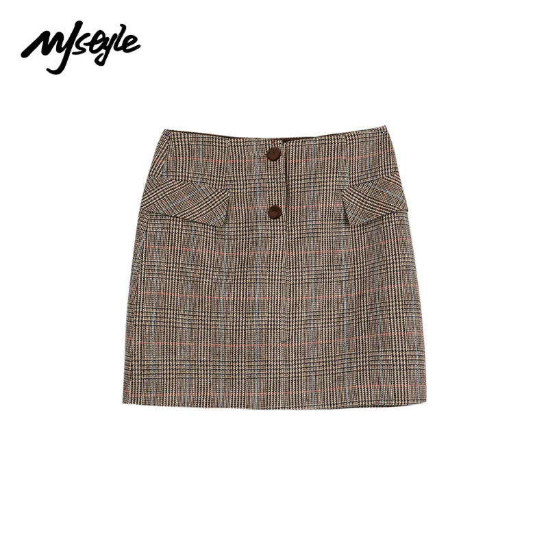 

Mjstyle зимняя женская плотная облегающая мини-юбка в клетку в полоску с высокой талией и застежкой на пуговицах 820070053