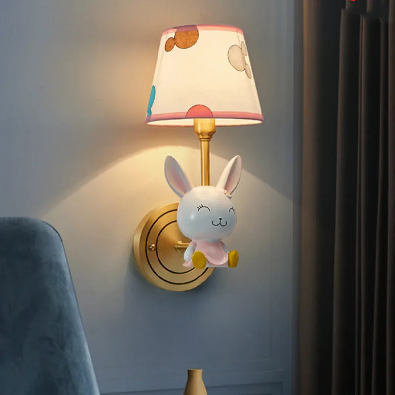 Children's Room Cartoon Rabbit lamp Nordic Brass Wall Lamp kid's kighting cloth shade Boy Girl Led Eye Protection reading light