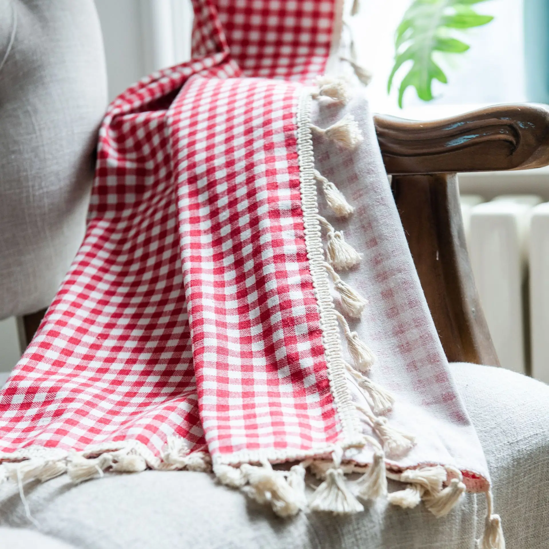 

Red Plaid Curtains Pastoral Tassel Window Drapes Cotton Linen Kitchen Curtain Country Style Window Decor Living Room
