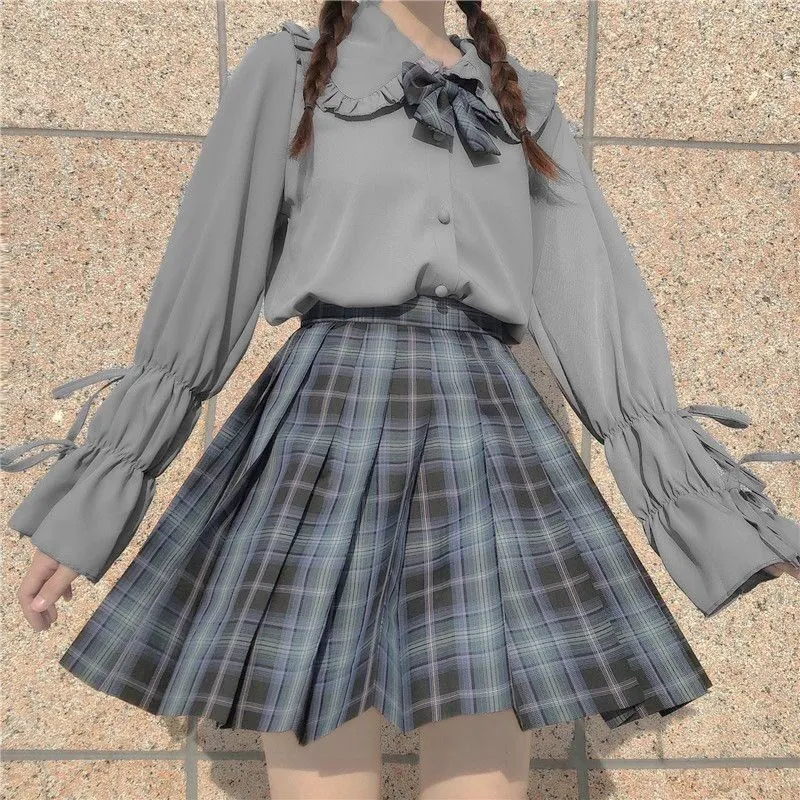 

Solid Color Shirt Tops Women 2021 Fashion Lolita Victorian Blouse Kawaii Long Sleeve Shirt White Black Grey College Style Top