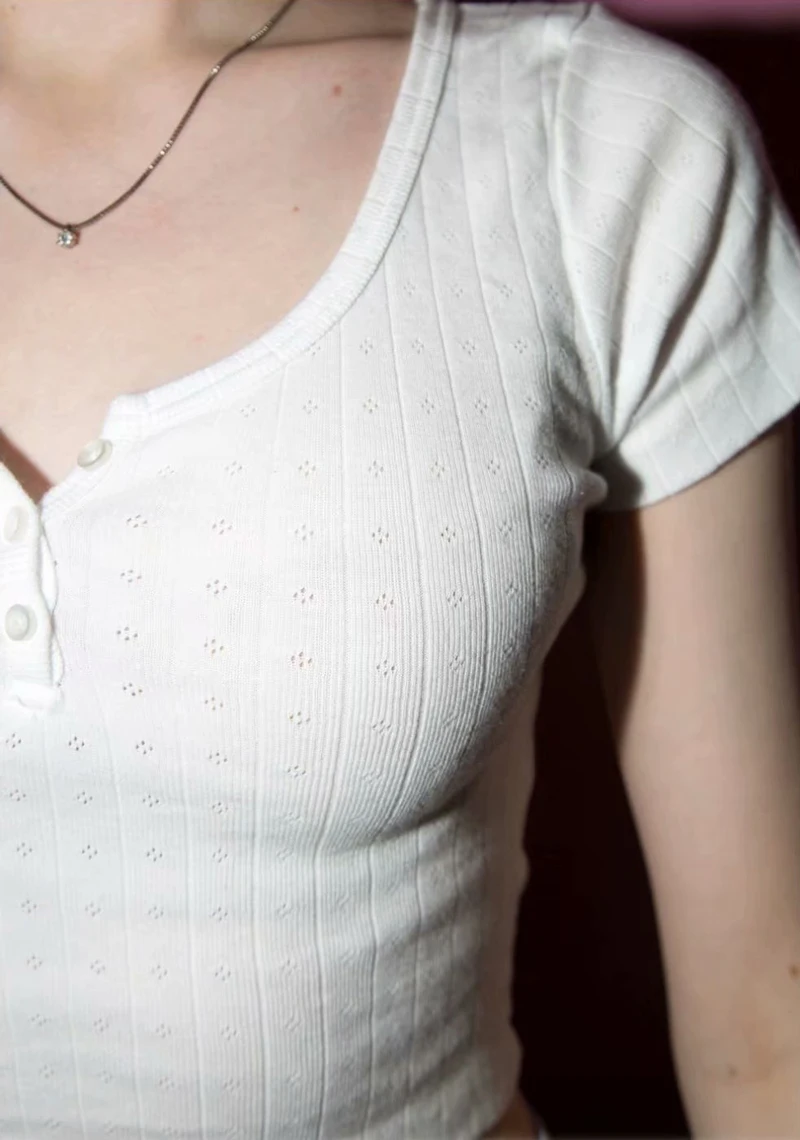 

Women Three Button Floral Print Fit Ribbed Eyelet Crop Top