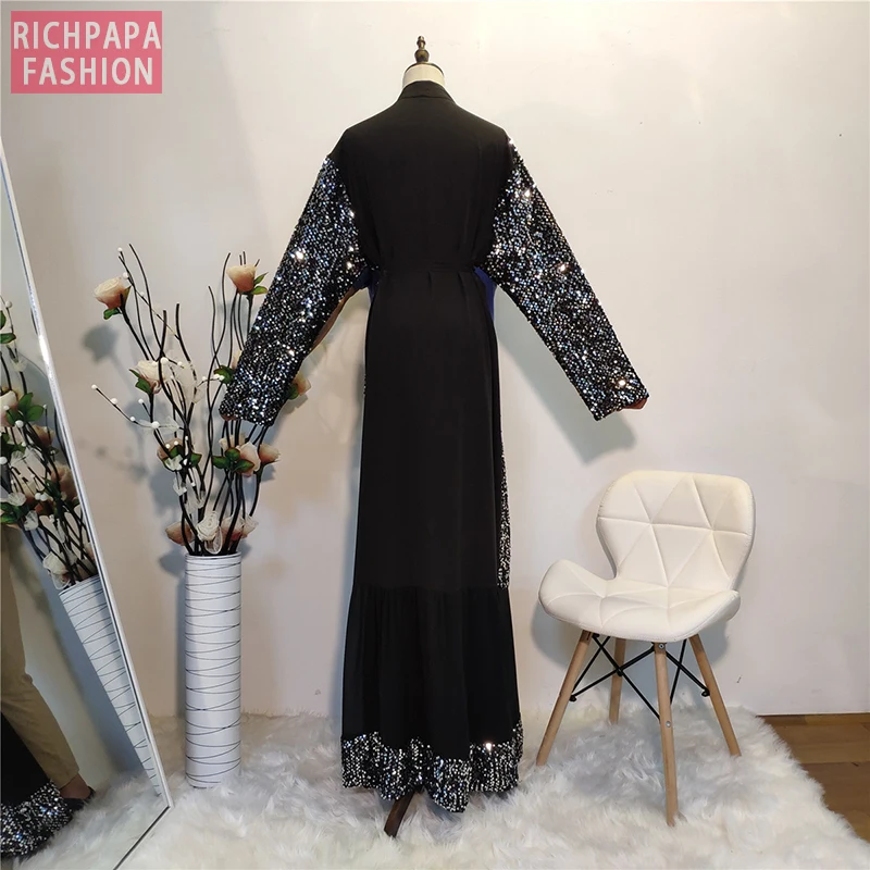 Черный ИД абайя Дубай кафтан кимоно кардиган мусульманский хиджаб платье