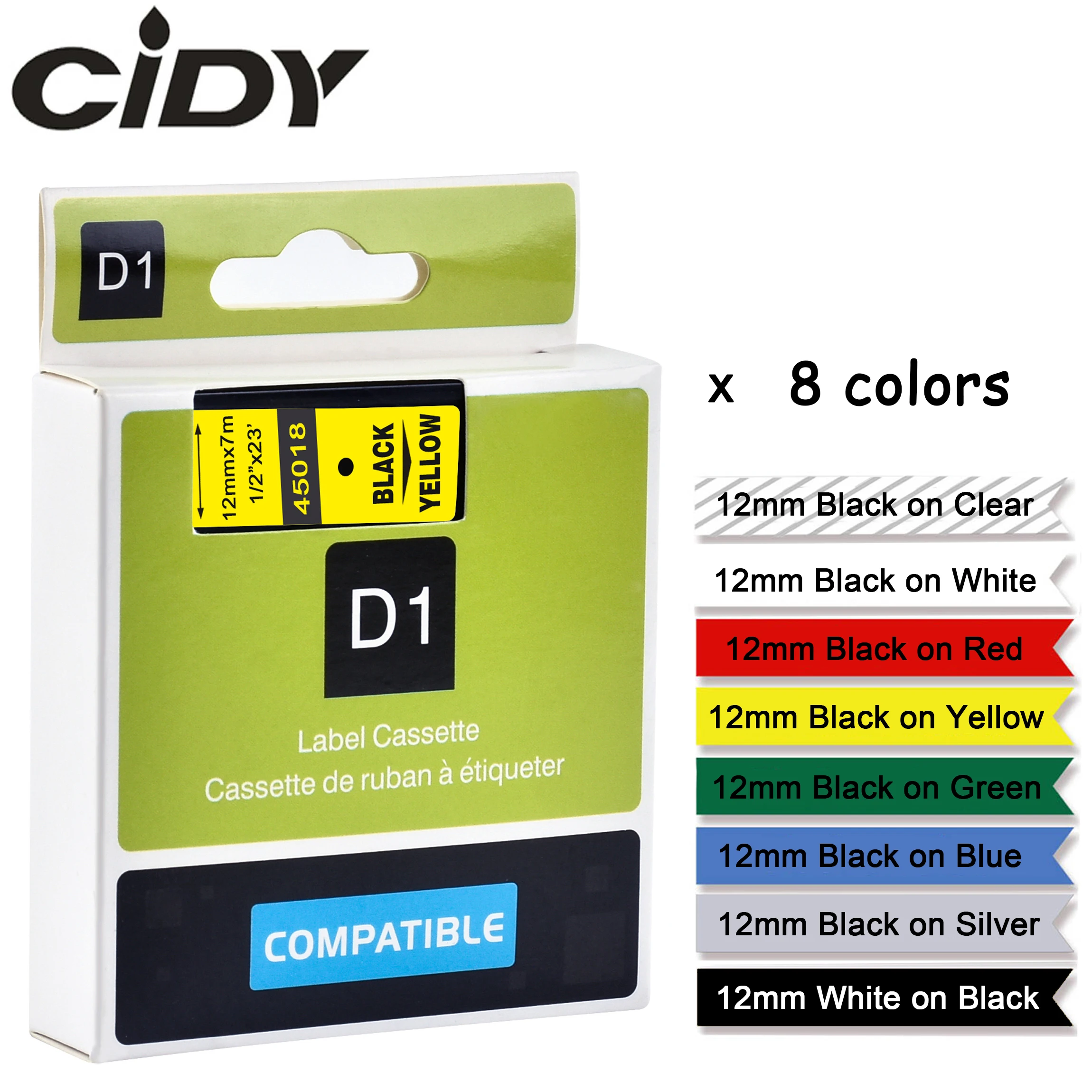 

CIDY 8pcs 12mm Dymo D1 Label Tape 45010/45013/45016/45017/45018/45019/45021/45022 Label Ribbon For Dymo LM160 LM-210D Printer