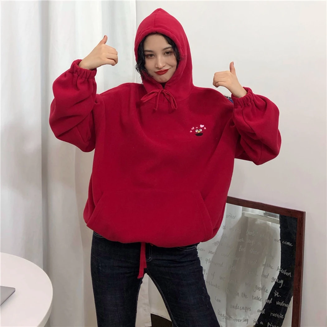 Autumn Winter 2019 Oversized Harajuku Fleece Hoodies Women Cartoon Embroidery Hoody Sweatshirt Streetwear Loose Hooded Pullover | Женская
