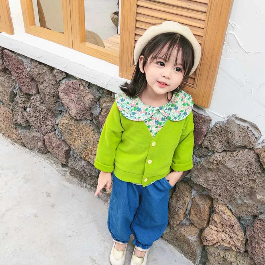 Весенняя одежда для девочек блузка с цветочным рисунком + кардиган джинсы костюм