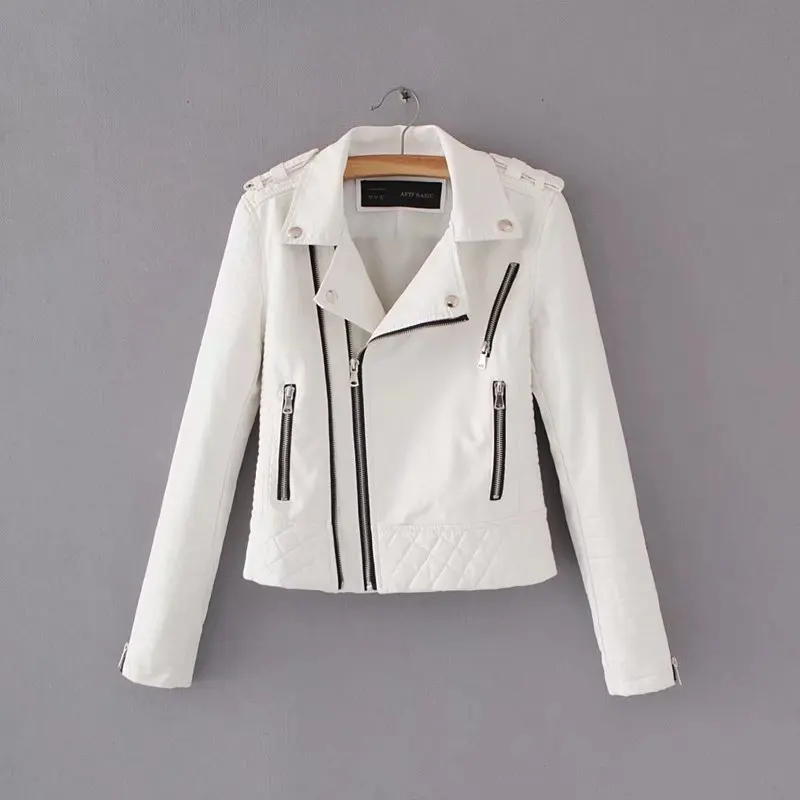 

Women Leather Coats New Spring Autumn Slim Long Sleeve Black White Short Jacket Ladies Punk Zipper Moto Biker PU Jackets