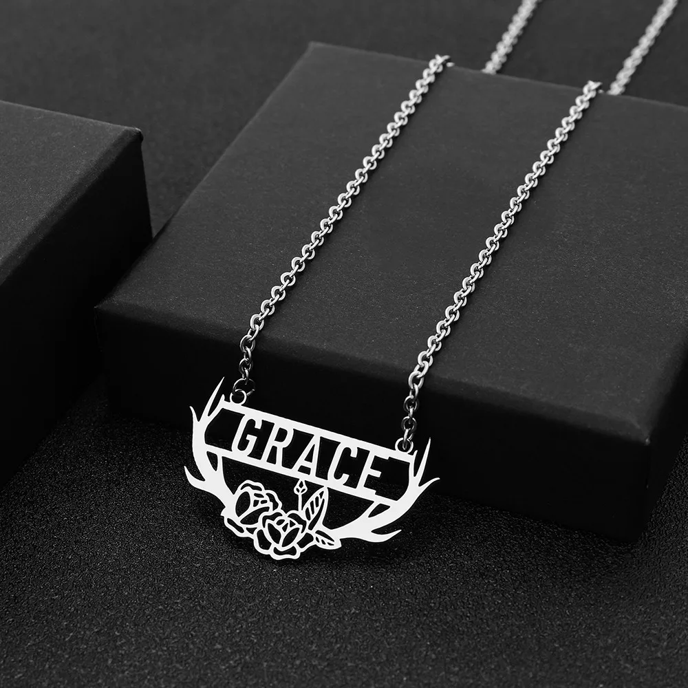 Женский кулон из нержавеющей стали ожерелье с цветком рога узор буквами