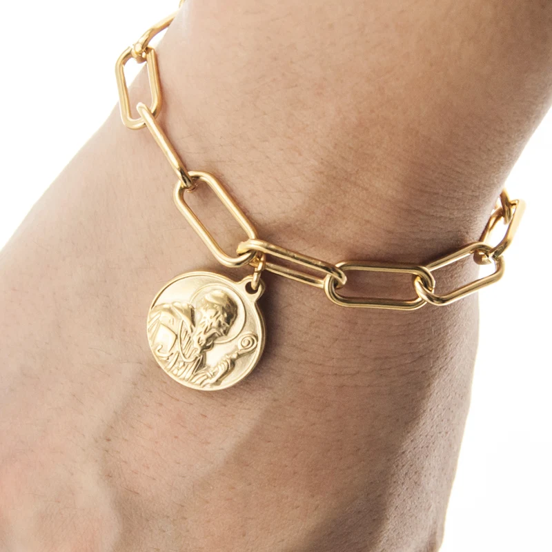 

Silver Color /Golden Stainless Steel St Benedict Medal Bracelet For Women Men Metal San Benito Metal Lock Chain Bohemia Bracelet