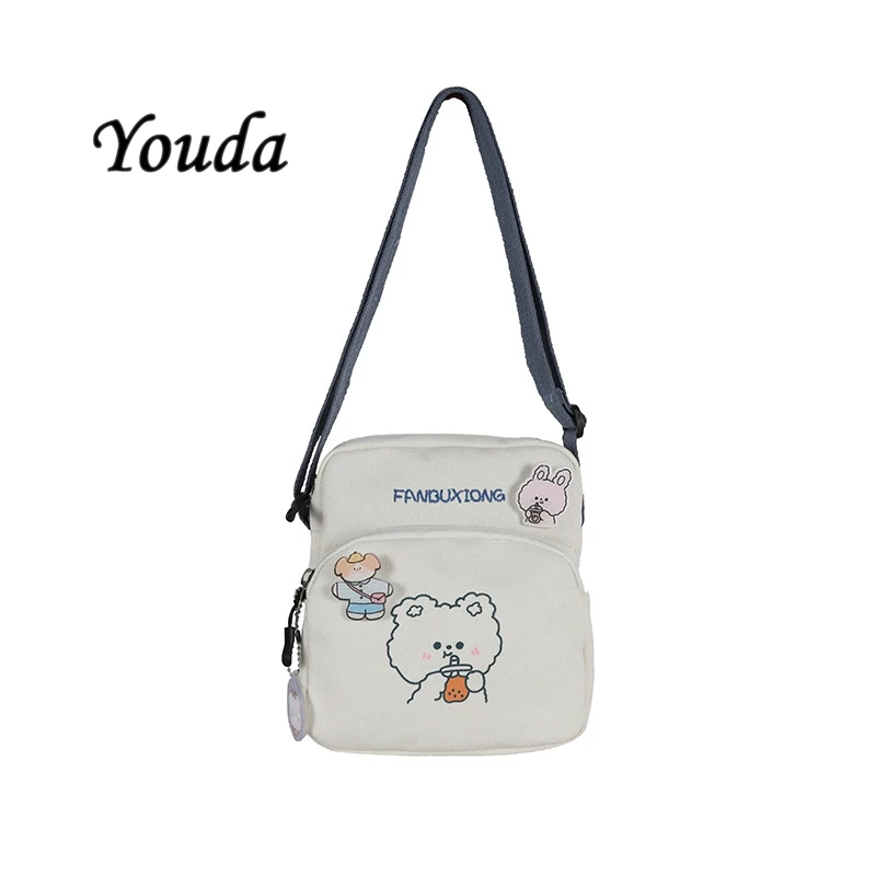 

Youda New Korea Women Canvas Student Bear Book Phone Crossbody Bags for Girl Cute Cartoon Shoulder Pack Small Square Bag