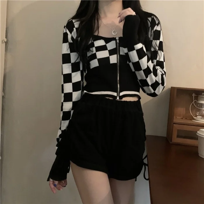Вязаный кардиган в черно-белую клетку для женщин осенняя популярная одежда