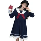 Платье в стиле Харадзюку, красное, с матросским воротником, с оборками, с длинным рукавом